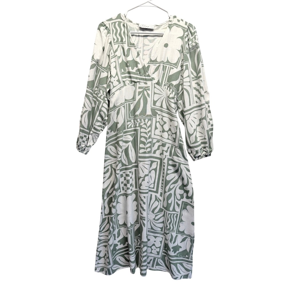 Petal + Pup Midi Dress Abstract Floral Graphic Linen Blend M Sage Green Women